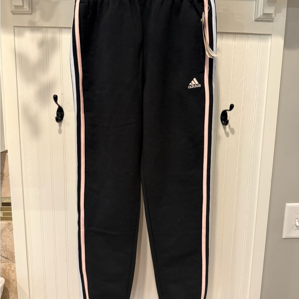 Adidas Kids Black Joggers with Pink Stripes